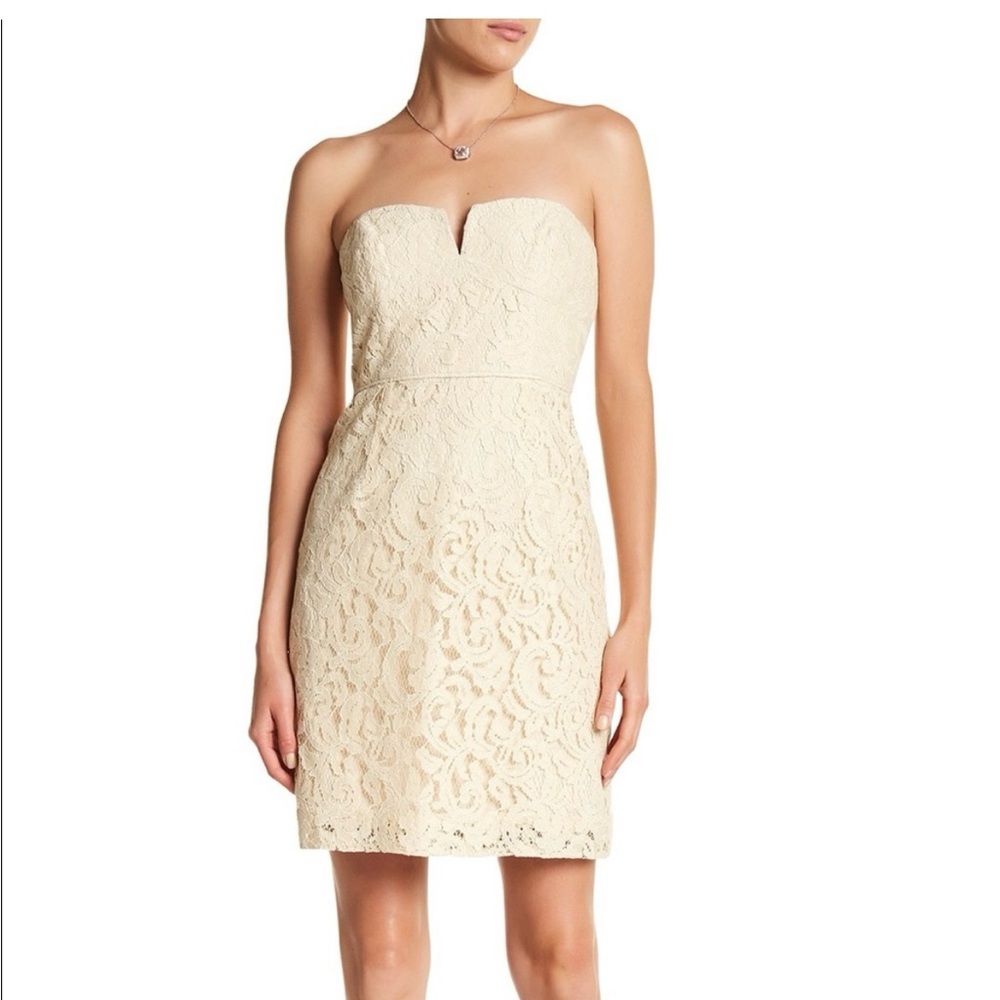 J Crew Cathleen Sheath Dress in Leavers Lace 4 S Small Strapless Champagne/Cream